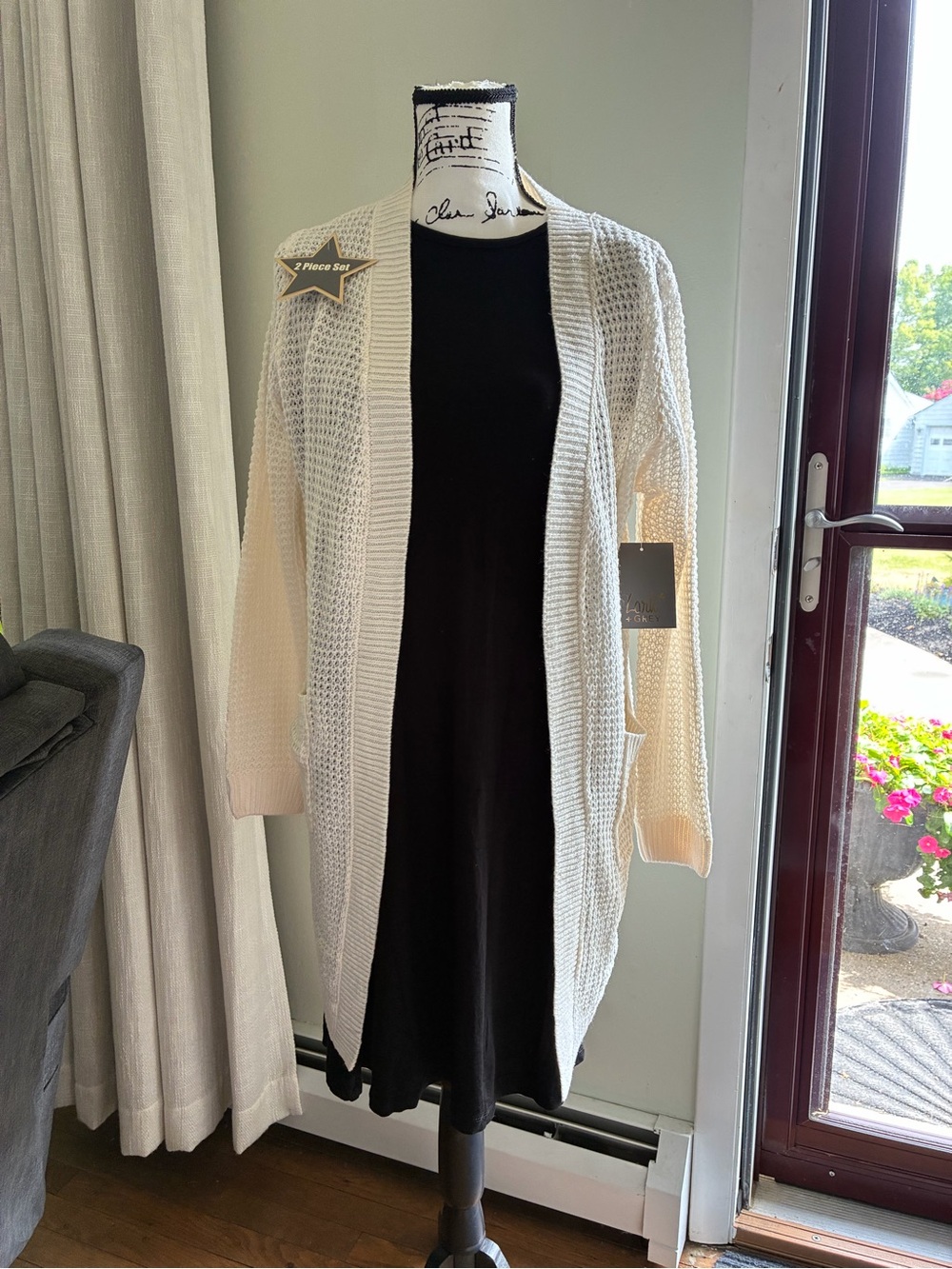 Light Cream Open-Front Waffle  With Black Dress